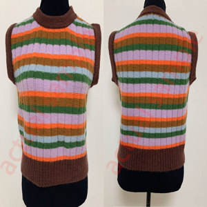 Gilet pull pour femme, motif rayé arc-en-ciel, col rond, tricoté à la machine, coupe ajustée courte, confortable pour le quotidien - Product Image 6