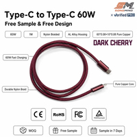 Câble de charge rapide USB Type C, rouge bordeaux, cuivre pur, 3A, nylon, 60W, 40W, 30W, cerise foncé, 22AWG, charge PD, 1 mètre, vente en gros