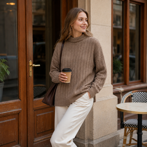Robe midi minimaliste en maille torsadée verticale, couleur unie café abricot, col montant roulé, manches longues, respirante, épaisseur standard - Product Image 2