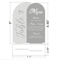 Numéros de table modernes et simples pour réception de mariage, en acrylique doré, demi-arche double, avec porte-menu blanc