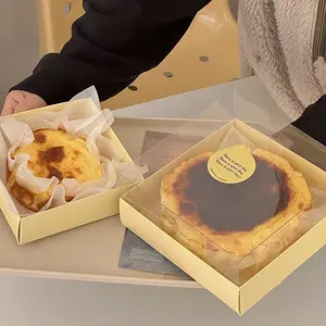 Kotak kue keju Basque 4 inci 6 inci, kemasan kue keju tutup transparan kotak Kraft makanan penutup panggang