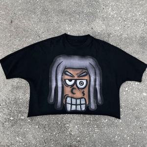 เสื้อยืดฮิปฮอปผ้าฝ้าย100% สำหรับผู้ชายทรงหลวม DTG mock ไหล่บ็อกซี่ไหล่สั้นถักลายตัวอักษรยาว - Product Image 2