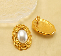 Stud Vintage Chunky Créoles Acier Inox Acier Inoxydable 18k Plaqué Or Ovale Perle Bijoux De Mode Boucles D'oreilles pour les Femmes