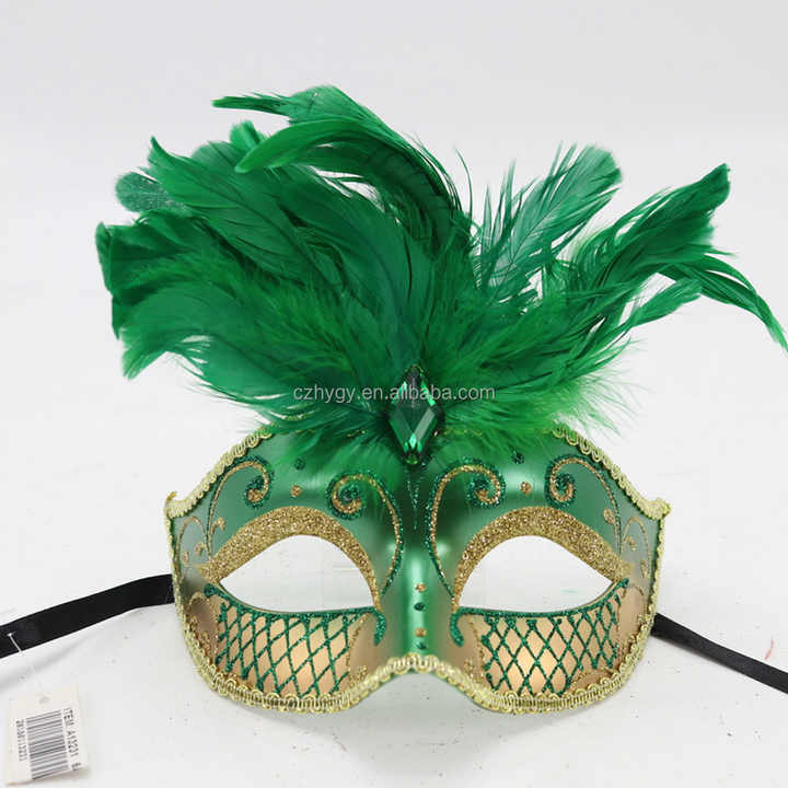 Red Venetian Carnival Style Plastic Masquerade Ball Wedding Mask Feather Gem DIY Halloween Face ...