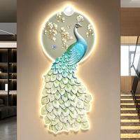 Décoration murale LED en forme de paon pour salon, panneau MDF floral bleu, entrée, hall d'hôtel, intérieurs modernes de luxe