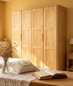 Armoire 4 portes en chêne clair de qualité supérieure avec panneaux horizontaux, organisateur de vêtements moderne et minimaliste pour chambre à coucher - Product Image 1