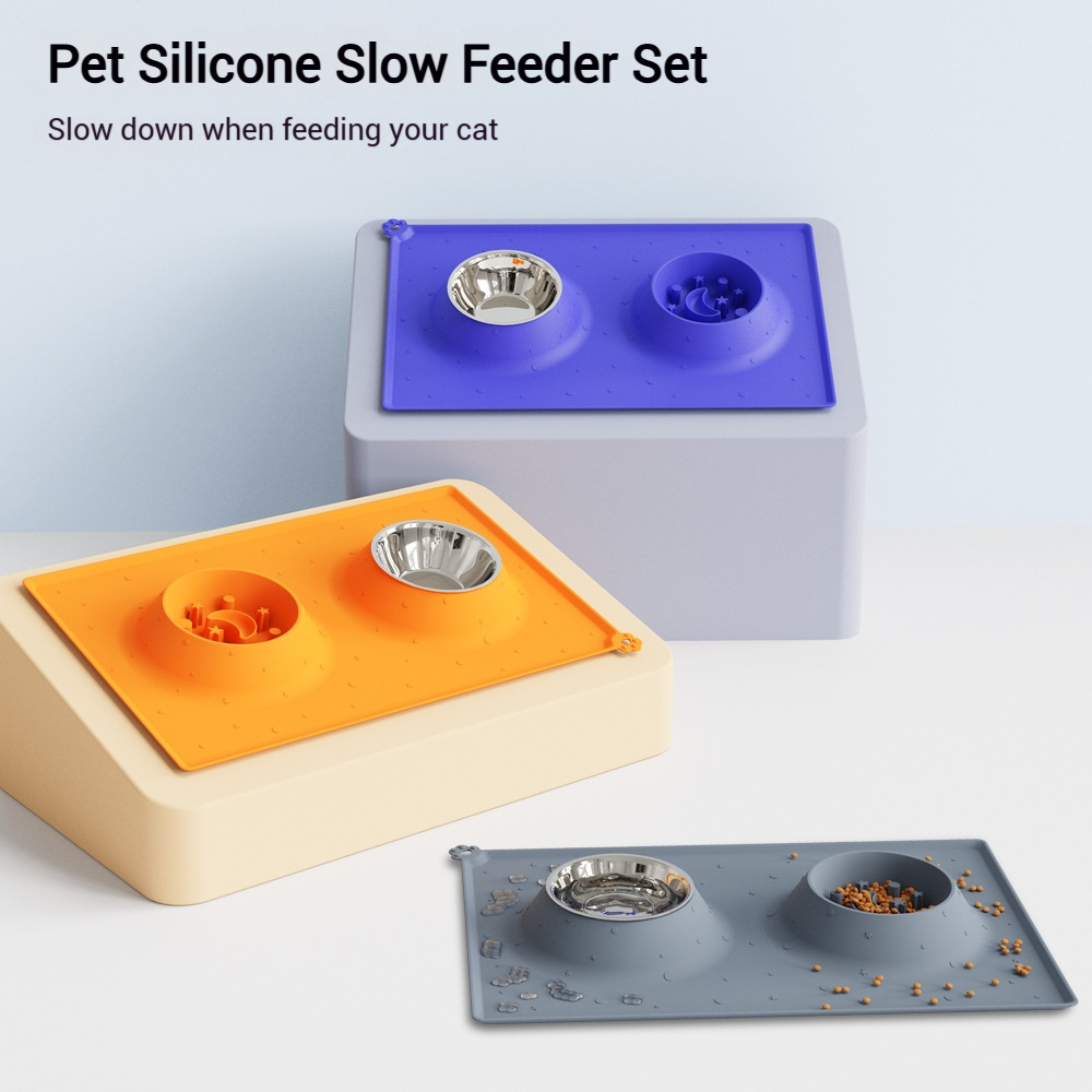 Stainless Steel Double Pet Bowl with Silicone Non-slip Mat | SHINE SPLP010 | Slow Feeder for Cats Do