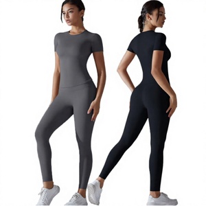 Conjunto de Yoga de 2 Piezas para Mujer, Top de Manga Corta, Leggings de Cintura Alta, Color Sólido, Ropa Deportiva sin Costuras, Traje de Gimnasio y Fitness - Product Image 4
