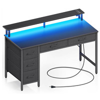 Table d'ordinateur avec prises de courant et lumière LED bureau à domicile avec 5 tiroirs bureau moderne pour bureau à domicile