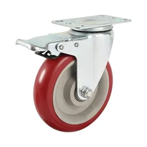 5 Inch Heavy Duty Caster Wheels Industrial Medium Shelf Trolley Castor Red Pvc Swivel Plate Double Ball Bearing Casters