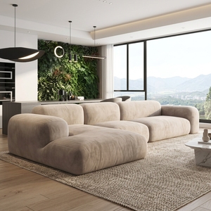 Divano Modulare a L Minimalista <span class=keywords><strong>Beige</strong></span> Arrotondato, Divano Sezionale a Basso Profilo per Ampio Soggiorno Moderno - Product Image 3
