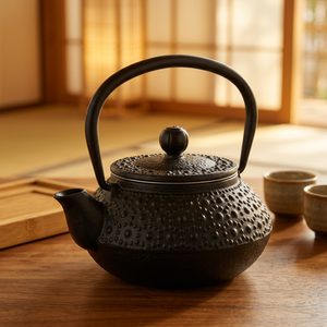 Tetera de metal estilo oriental con tapa y asa, diseño de hierro fundido negro - Product Image 4