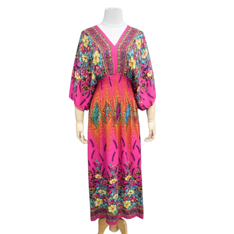 New Fashion European American Bohemian Taillen-Sommer-Damen kleid Lang bedrucktes mehrfarbiges Maxi Beach Casual Rayon-Kleid