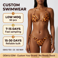 Set Bikini Segitiga Motif Macan Tutul Cokelat dengan Ikat Pinggang Cincin Emas, Pinggang Rendah, Dua Potong, Pakaian Renang Custom OEM
