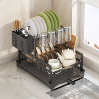 Égouttoir à vaisselle double niveau en métal robuste noir, grande capacité, organisateur de comptoir de cuisine pour assiettes et couverts