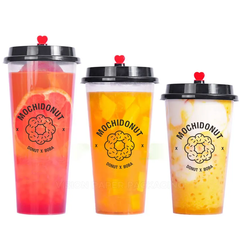 Custom Print Bubble Tea Cups Disposable Clear Hard PP PET Plastic Cup Lemon Tea Dabba Cup with Lids and Straws