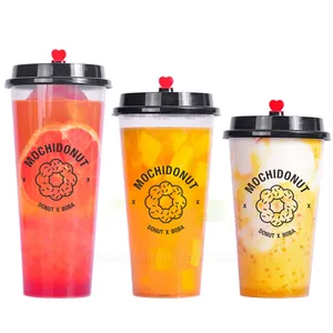 Custom Print Bubble Tea Cups Disposable Clear Hard PP PET Plastic Cup Lemon Tea Dabba Cup with Lids and Straws