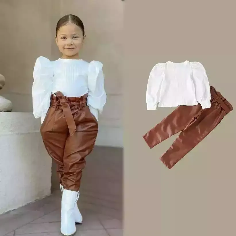 Niños moda Primavera otoño ropa niñas Puff manga camisa Pu cuero pantalones trajes para niñas 2 uds conjunto de Ropa para Niñas