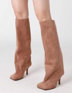 Suede Floral Pattern Knee High <strong>Boots</strong> for Women <strong>Wide</strong> Calf 2024 Winter <strong>Square</strong> <strong>Toe</strong> Slip-on Style Super High Stiletto Heel - Product Image 5