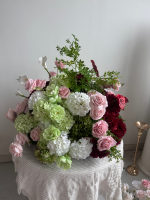 Bouquet de fleurs artificielles en terracotta, orange, vert et rose, centre de table, rose en soie, hortensia, anthurium, décoration florale pour mariage et événements