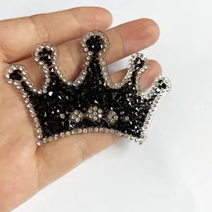 Groothandel Jurk Accessoire Zwarte Kroon 3D Hot Fix Diy Kristal Kralen Motief Ijzer Op Strass Applique Patches Voor Kleding