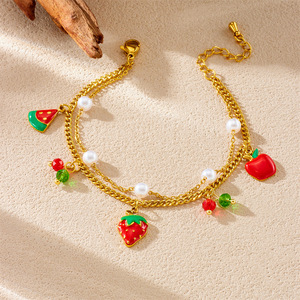 Fashionable Summer Fruit Charm <b>Bracelet</b> <b>Set</b> Strawberry Cherry Watermelon Women's Jewelry Gift Stainless Steel B1706 B1707 B1708 - Product Image 3