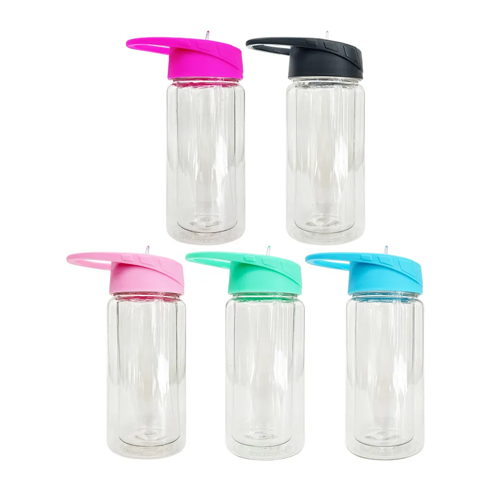 Nuevo RTS sin BPA preperforado 10oz 15oz doble pared PET plástico globo de nieve niños deporte botella de agua vasos con tapa de color