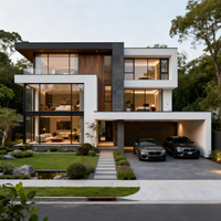 Conception architecturale de villa moderne sur mesure, plan de maison de style européen avec fenêtres panoramiques et espace de vie