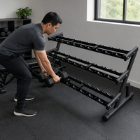 Rak Dumbbell Komersial Dua Tingkat untuk 20 Pasang, Penyangga Penyimpanan Beban Logam untuk Latihan Kebugaran di Dalam Ruangan