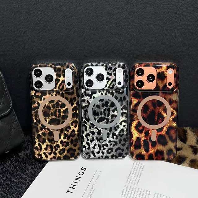 Fashionable Brown Leopard IMD Magnetic Phone Case for iPhone 15 16 Pro Max Luxury Bling Strong Magnetic Phone Case