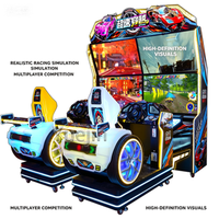 Simulateur de conduite de course d'arcade à 4 écrans multi-vues pour 2 joueurs 'Overspeed Racing' avec sièges à mouvement, monnayeur, en métal, version anglaise