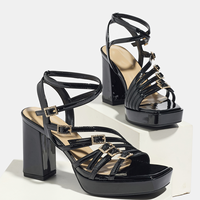 Sepatu Platform Hak Tebal Persegi Hitam Mengkilap Trendy, Ringan, Nyaman untuk Klub, dengan Tali Pergelangan Kaki Kristal Multi dan Gesper, Cocok untuk Jalan-Jalan dan Malam Hari