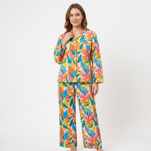 Stylish Elegant Women's Printed 100% Cotton V-neck Drawstring Closure Soft Pajama Set Breathable Summer Autumn Spring Sleepwear - Product Image 1