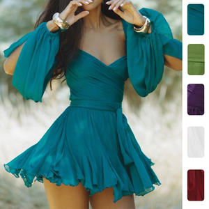 Elegante Vestido Mini de Cuello en V, Color Sólido, con Capa Transparente y Cintura Impero para Mujer, Ropa de Noche - Product Image 2