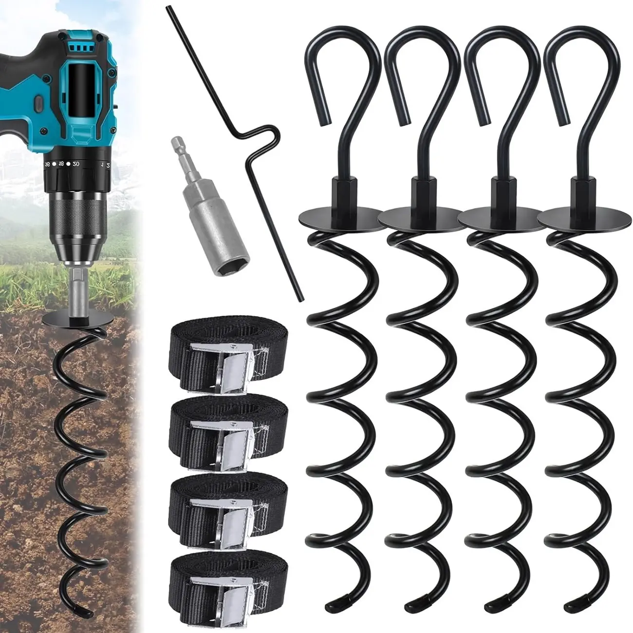 Spiral Ground Anchors Kit Heavy Duty Screw in Earth Anchors With Crow Bar