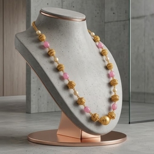 925 Silver Antique Mala <b>Necklace</b> with <b>Pink</b> Beads and Pearl Accents Traditional Ethnic Jewelry for Women Wear - Product Image 4