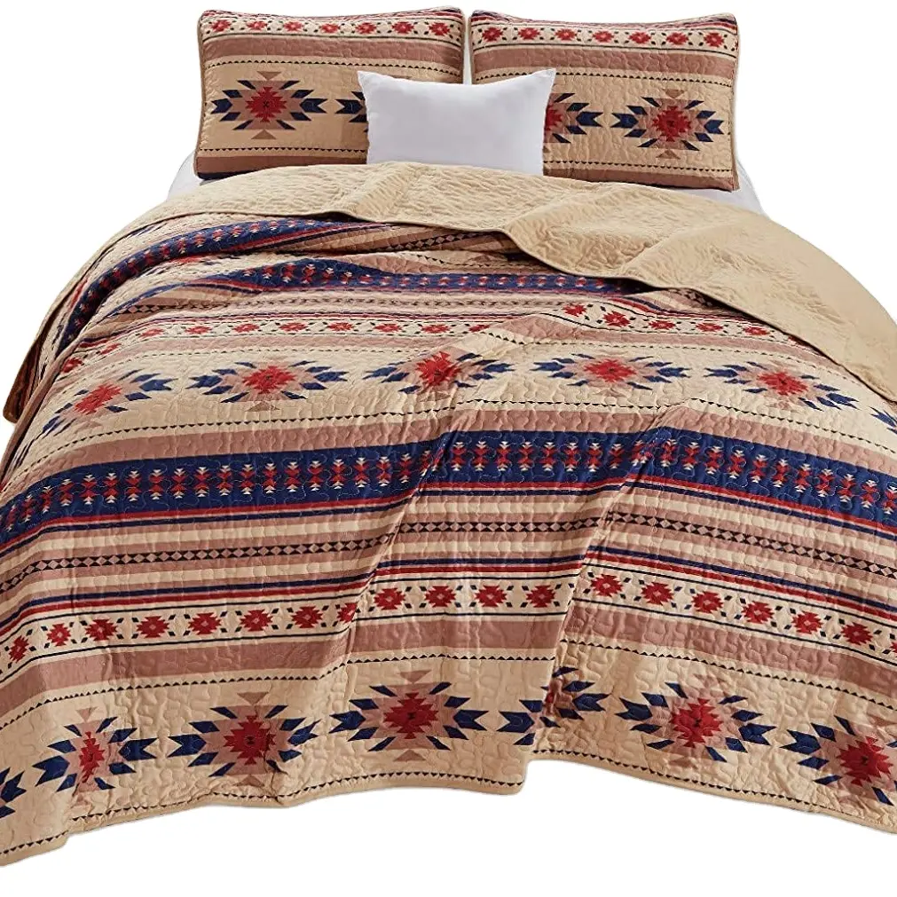 3-Piece Southwestern Geometric Tribal Multicolor Coffee Brown Navy Red King Quilt Bedspread Set