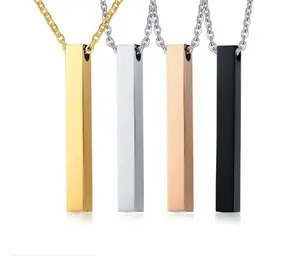 Personalized Couple Custom Engraved Flat Blank Pendant Necklace Stainless Steel Blank Vertical Horizontal 3D Bar Necklace