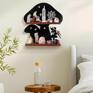 <b>Wall</b> <b>Mounted</b> Mushroom Shaped Wooden Display Rack 2 Tier Crystal Storage <b>Shelf</b> For Home Decor - Product Image 1