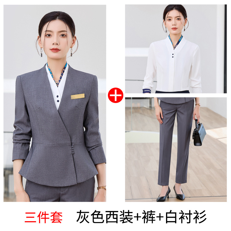 Three-piece suit: gray suit pants and white shirt