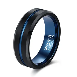 Mens Wedding Jewelry Dropshipping 8mm Pure Black Tungsten Carbide Ring With Anodized Blue Aluminum Sleeve