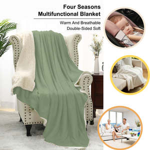 Literie multifonctionnelle doublée de polaire Sherpa Queen Size Couverture en mousseline de coton vert sauge Confort quatre saisons pour bébé adulte - Product Image 5