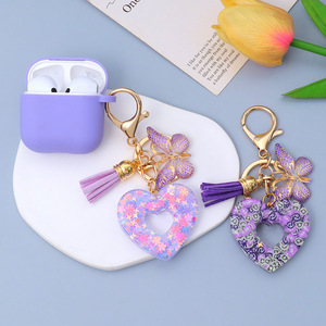 Porte-clés Cœur Creux Tendance en Résine avec Pendentif Papillon et Pompon, Charme de Sac Adorable pour Femme - Product Image 2