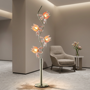 S-bend Golden Pole Lotus Floor Lamp Pink Acrylic <b>Lampshade</b> 4 Heads Soft Warm Floor Light for Bookstore Decor - Product Image 1