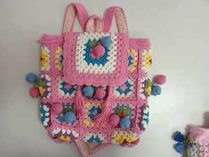 Women <b>Ladies</b> <b>Backpack</b> Cute Handmade Crochet 16oz Cotton Canvas Bag Beach Travel Shoulder Bag - Product Image 3