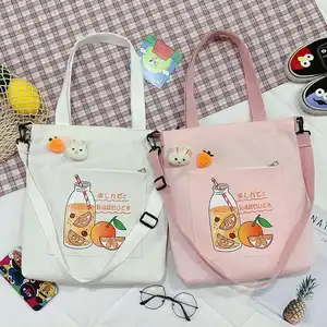 New Factory Cute Trend Cartoon Pattern Natural Organic Cotton Tote Canvas Messenger Crossbody Bags With Custom Printed Logo