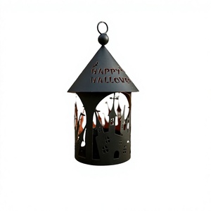 Farol Metálico Redondo de Halloween con Diseño de Castillo, Color Negro, para Decoración del Hogar, Portavelas Colgante - Product Image 1