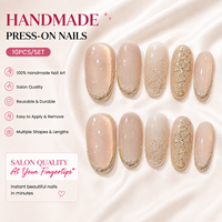 Faux ongles de luxe haut de gamme faits à la main, effet œil de chat nude, avec trèfle doré, forme ovale moyenne, réutilisables, logo personnalisé, vente en gros