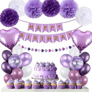 Ballons de fête d'<span class=keywords><strong>anniversaire</strong></span> blancs et violets pour femmes et filles, bannière <span class=keywords><strong>Joyeux</strong></span> <span class=keywords><strong>Anniversaire</strong></span>, rideaux à franges en aluminium, ballons, pompons en papier de soie - Product Image 1