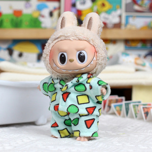 Labubu Plush Doll Pajamas Set 17cm Blue Checkered Floral Design For Collectible Toy Accessories - Product Image 3